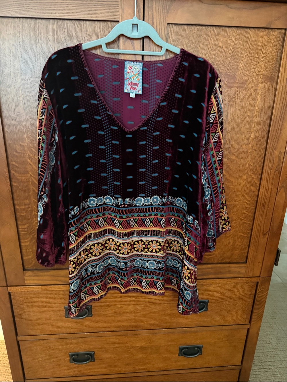 Johnny Was Plum Velvet Embroidered Boho Tunic with Multicolor Trim